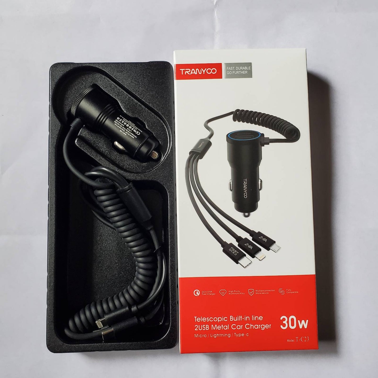 30w_Car_Charger_And_Built-In_3-in-1_Cable With Box Front View