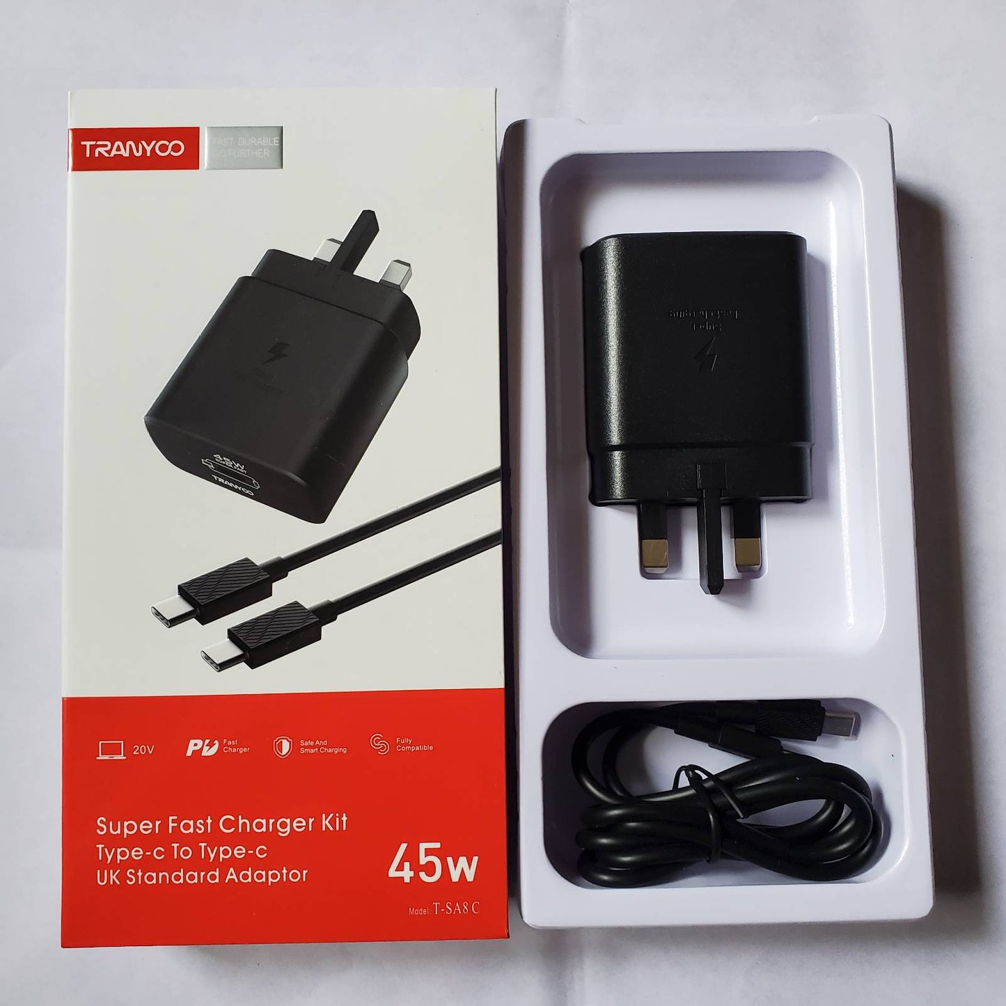 Tranyoo_45w_Black_Adapter_And_Box Upper View