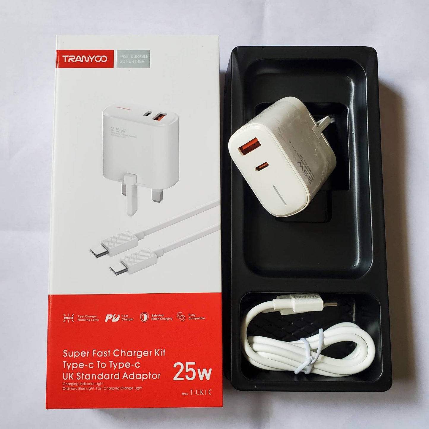 25w Dual Port Charger Adapter And Box Front View
