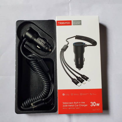 30w_Car_Charger_And_Built-In_3-in-1_Cable With Box Front View