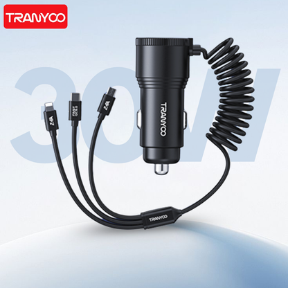 30w Car Charger With Built-In 3-in-1 Cable Front View