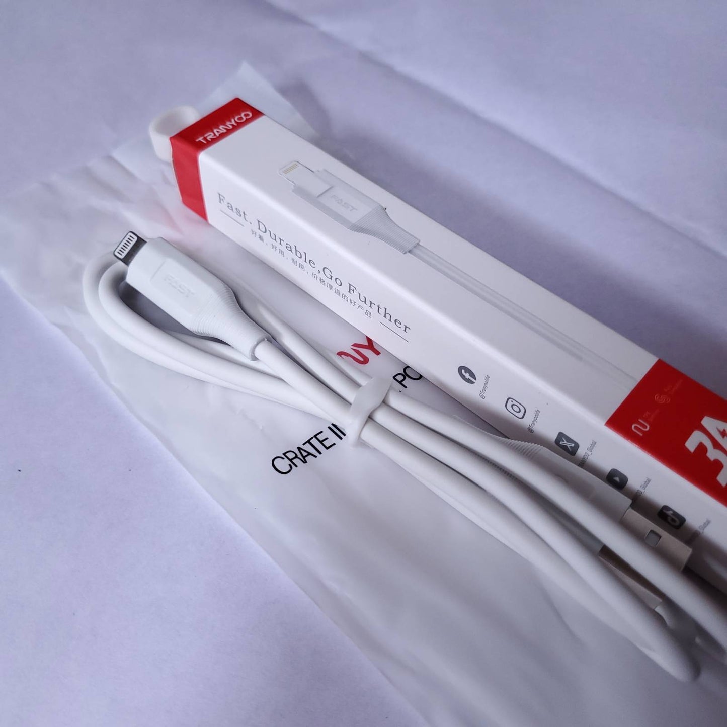 3A White USB To Lightning Cable And Box Side View