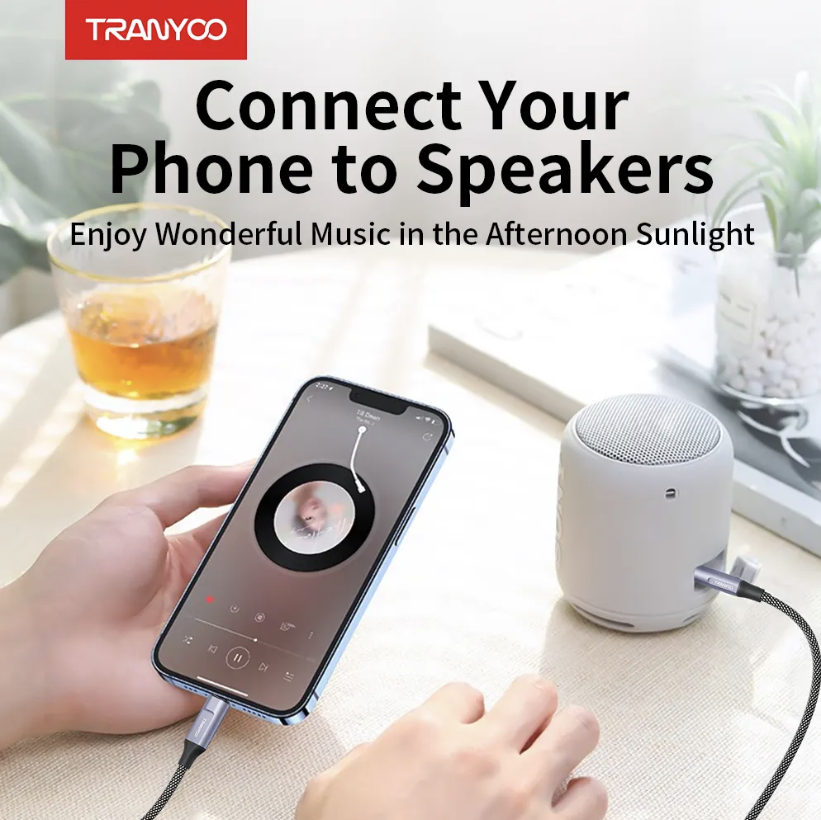 Audio Cable lightning to 3.5mm AUX Connected To Speaker Front View