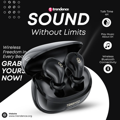 Bluetooth Earbuds Black Color With Details Side Views