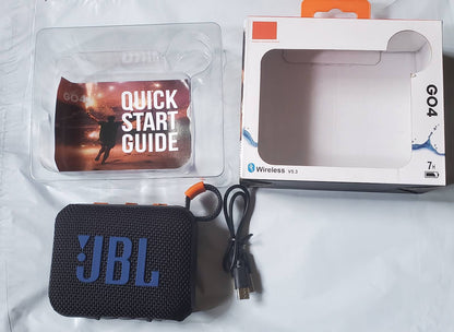 JBL GO4 Black Speaker With Blue Logo And Box Front View