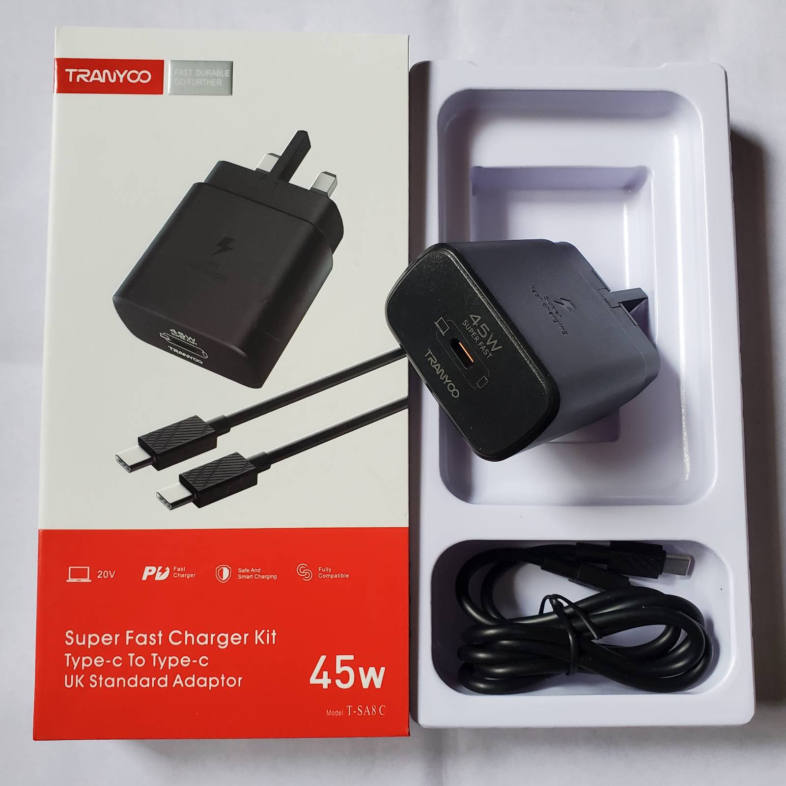 Tranyoo_45w_Black_Adapter_And_Box With Adapter Upward View