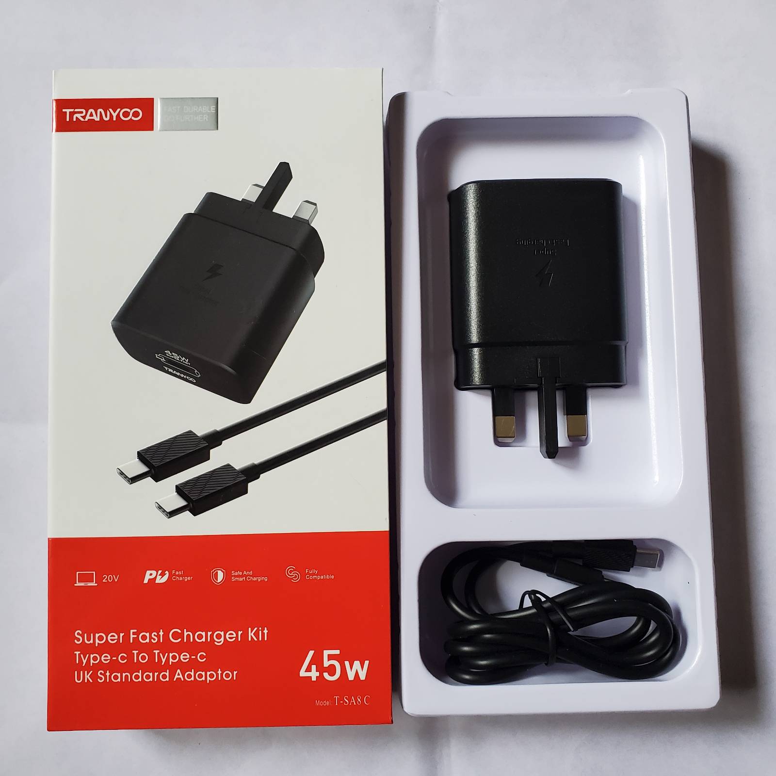 Tranyoo_45w_Black_Adapter_And_Box Upper View