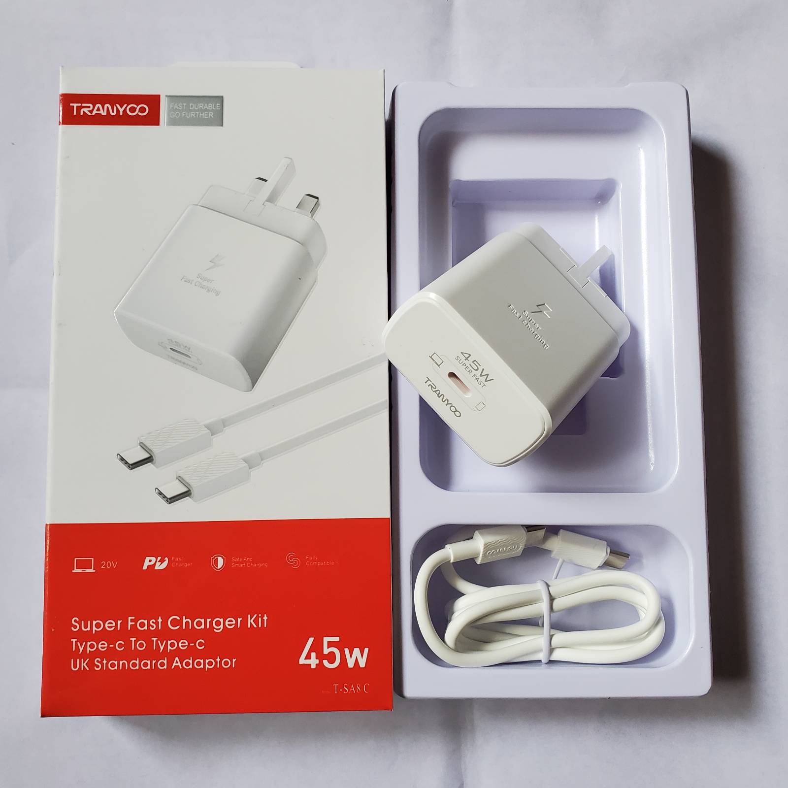 Tranyoo_45w_White Adapter And Box Upper View